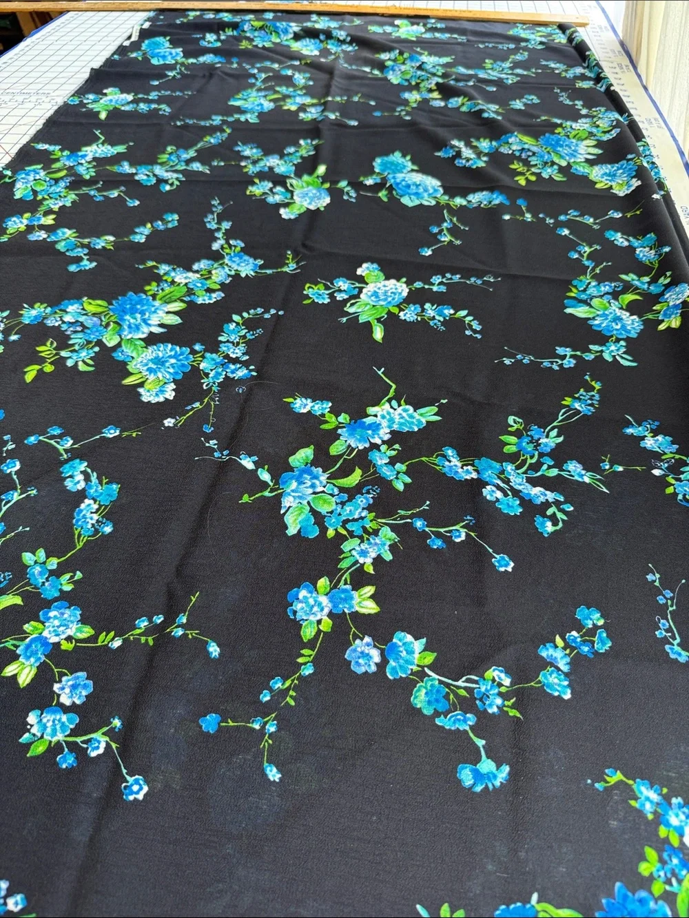 Suggested Title  Vintage 1980s Blue/Black Floral Polyester Dress Fabric 1.5 Yds